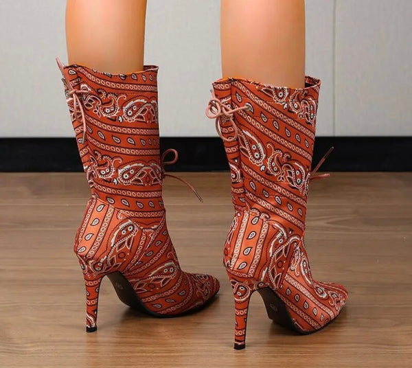 Women Printed Lace Up Fashion Ankle Boots