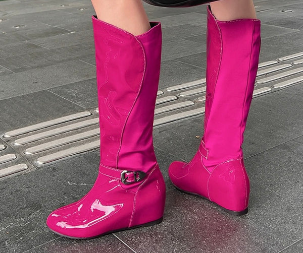 Women Fashion Buckle Platform Patent Leather Knee High Boots