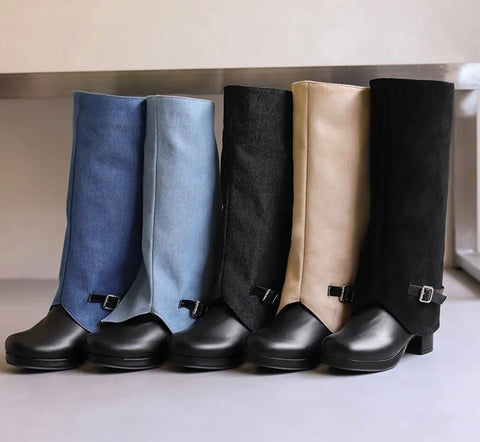 Women Fashion Denim Color Patchwork Buckled Platform Knee High Boots