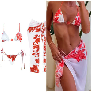 Women Sexy White Floral Bikini Cover Up Set
