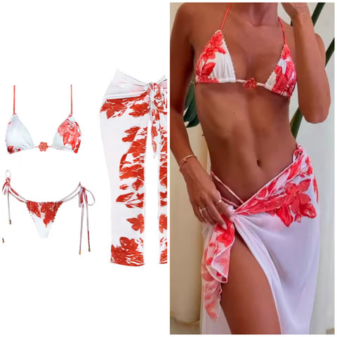 Women Sexy White Floral Bikini Cover Up Set
