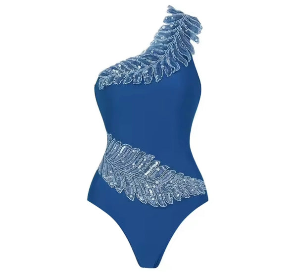 Women Sexy Sequins One Shoulder Swimsuit Cover Up Set