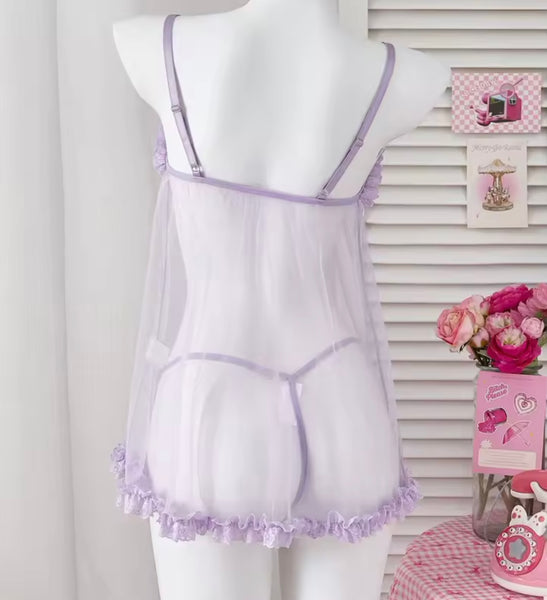 Women Sexy Sleeveless Ruffled Mesh Lingerie Set