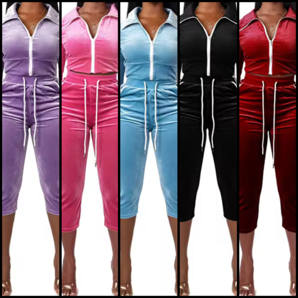 Women Velour Striped Zip Up Two Piece Capri Pant Set