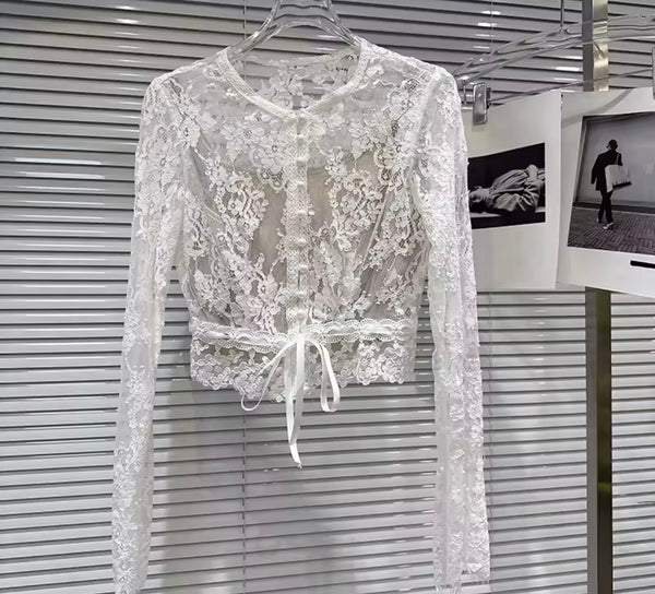 Women White Lace Button Up Full Sleeve Two Piece Skirt Set