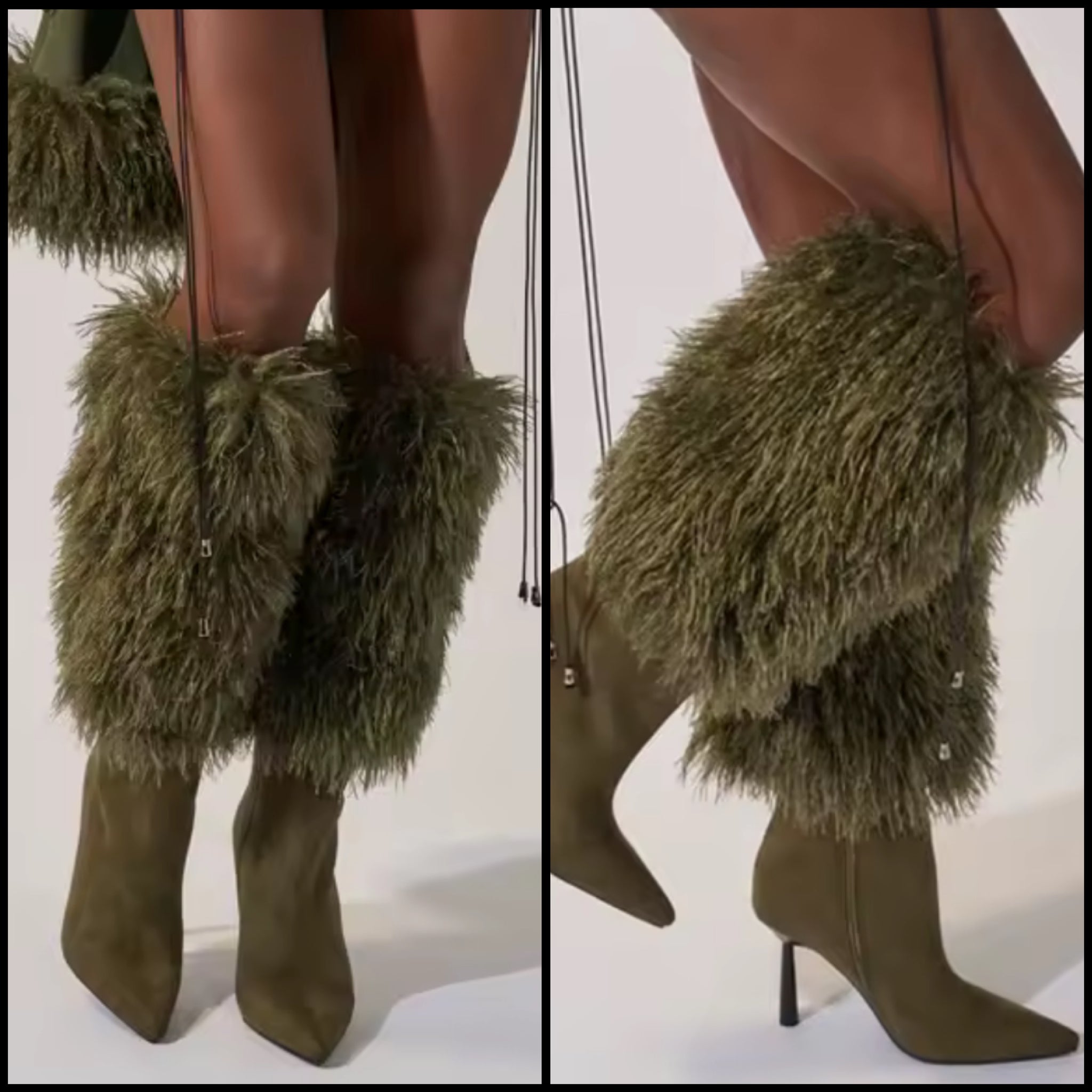 Women Fashion Green Faux Fur Suede Knee High Boots