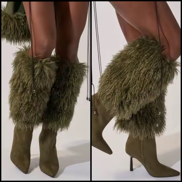 Women Fashion Green Faux Fur Suede Knee High Boots