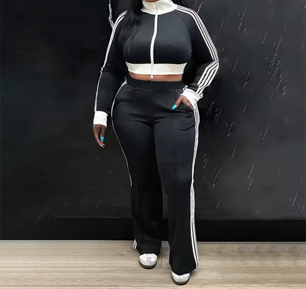 Women Color Fashion Full Sleeve Striped Tracksuit Two Piece Pant Set