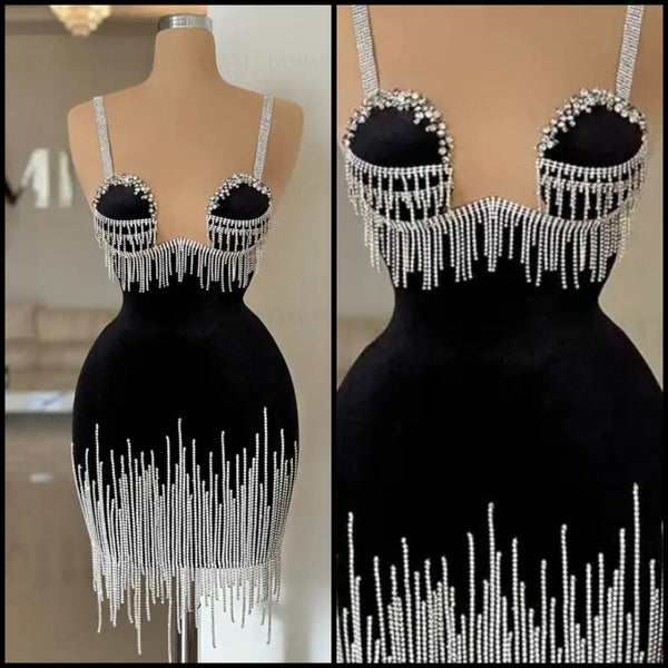 Women Sexy Sleeveless Black Bling Tassel Velour Dress