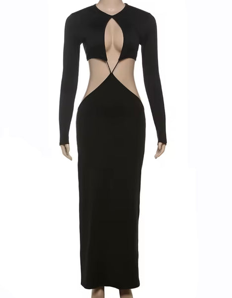 Women Black Sexy Full Sleeve Cut Out Maxi Dress