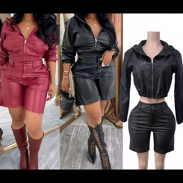 Women Fashion Hooded Zip Up Faux Leather Two Piece Short Set