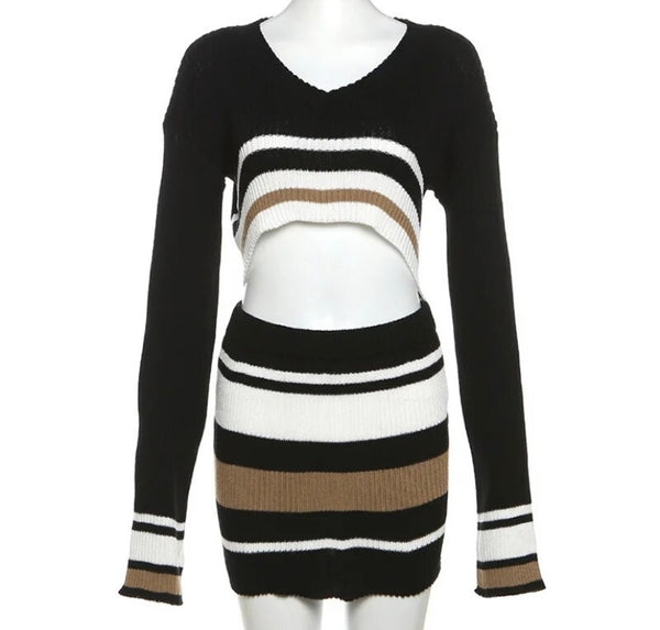 Women Sexy Multicolored Striped Full Sleeve Crop Two Piece Skirt Set