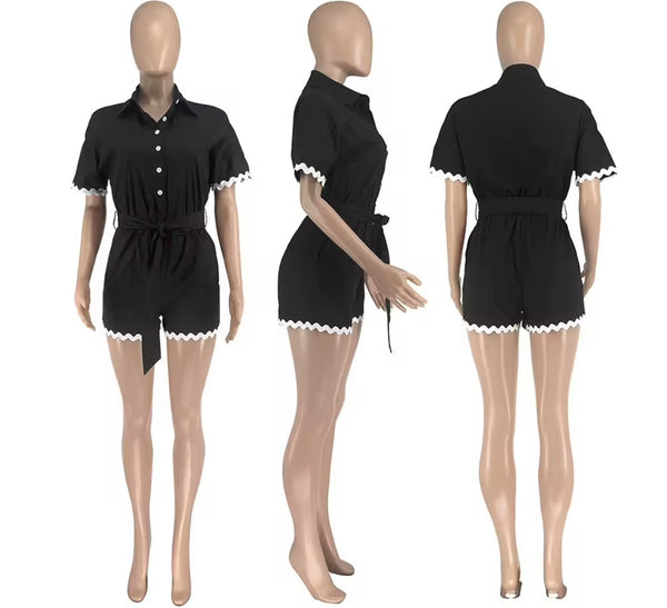 Women Button Up Short Sleeve Color Patchwork Belted Romper
