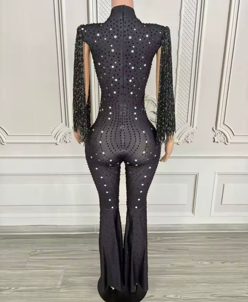 Women Black Beaded Rhinestone Tassel Jumpsuit
