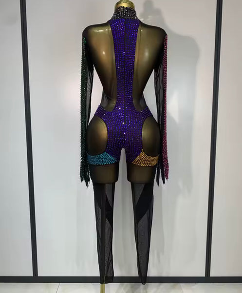 Women Sexy Color Crystal Mesh Full Sleeve Jumpsuit