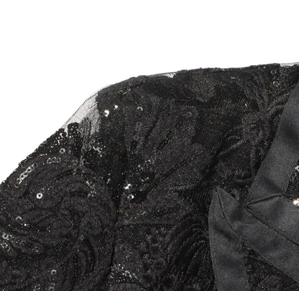 Women Sexy Fashion Black Lace Sequins Two Piece Blazer Pant Set