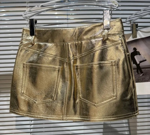 Women Gold Fashion Faux Leather Skirt