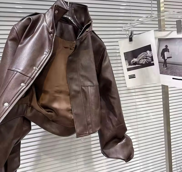 Women Fashion Brown Faux Leather Jacket Two Piece Short Set