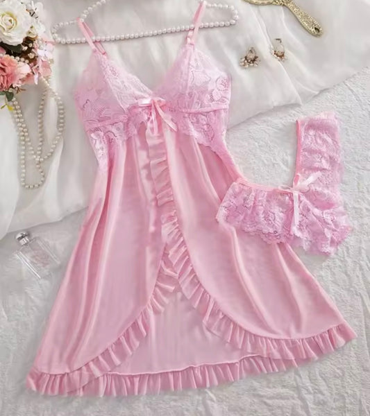 Women Sexy Sleeveless Ruffled Lace Mesh Nightgown Lingerie Set