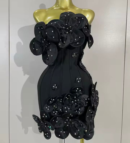 Women Sexy Floral Strapless Rhinestone Dress