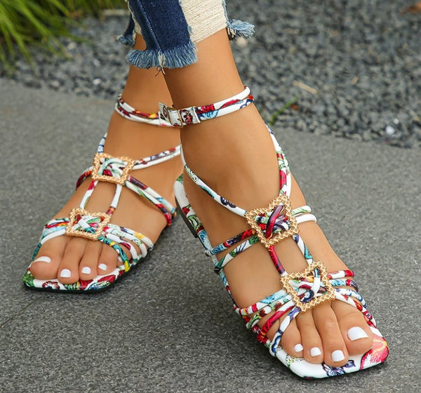 Women Fashion Multicolored Ankle Strap Flat Sandals