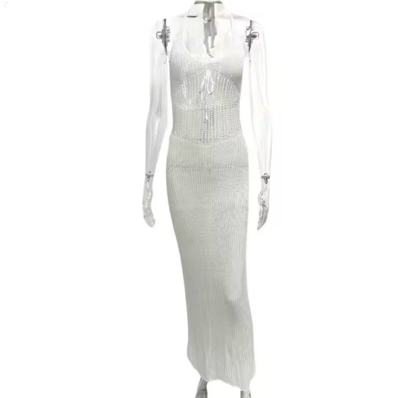 Women Sexy White Halter Sleeveless Knitted Maxi Dress