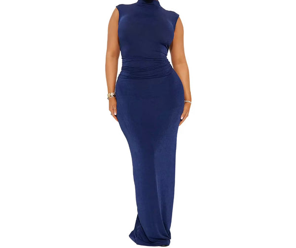 Women Sexy Sleeveless Solid Color Ruched Maxi Dress