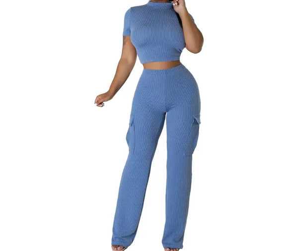 Women Solid Color Ribbed Short Sleeve Crop Two Piece Pant Set