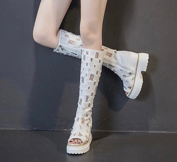 Women Open Toe Mesh Patchwork Fashion Platform Knee High Boots