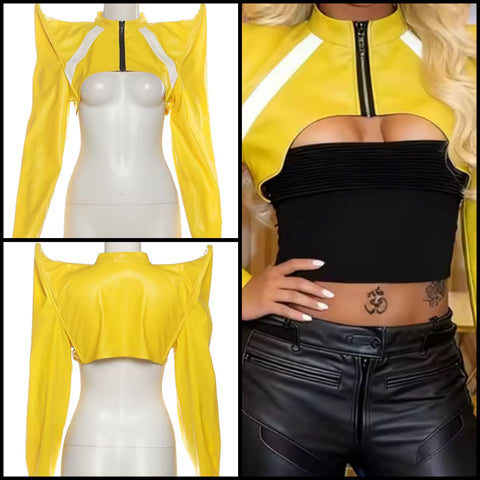 Women Yellow Fashion Faux Leather Zip Up Crop Jacket
