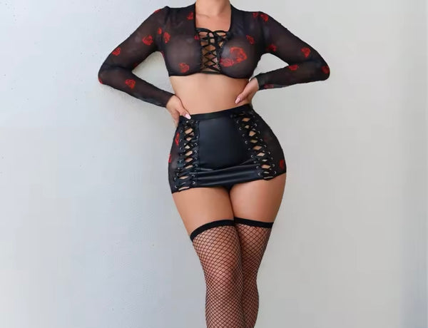 Women Sexy Black Rose Mesh Patchwork PU Lingerie Set