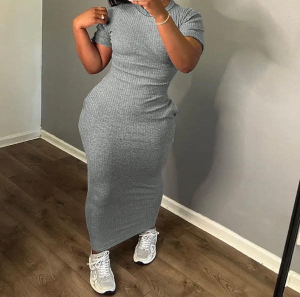 Women Solid Color Short Sleeve Ribbed Sexy Maxi Dress