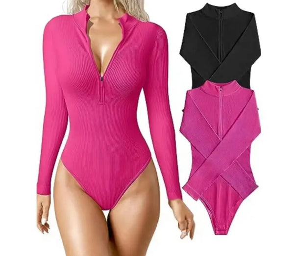 Women Fashion Ribbed Front Zipper Full Sleeve Bodysuit Top