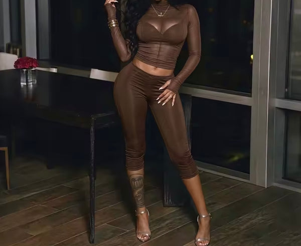 Women Turtleneck Mesh Full Sleeve Crop Two Size Capri Pant Set