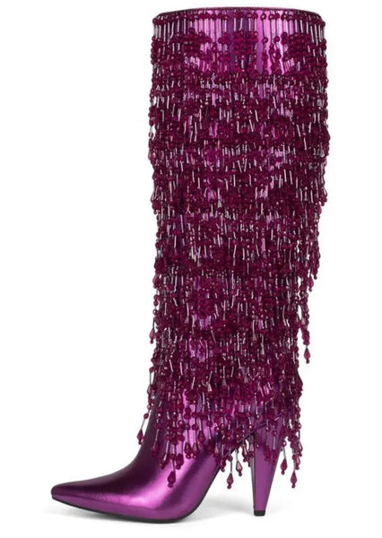 Women Fashion Pointed Toe Tassel Knee High Boots