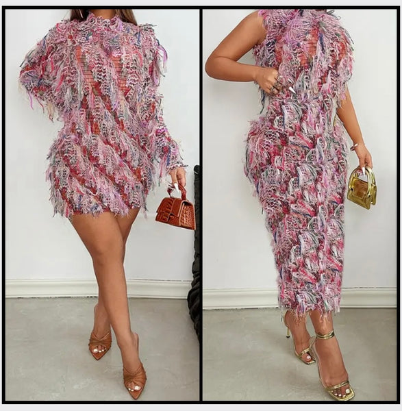 Women Sexy Printed Fringe Full/Sleeveless Dress