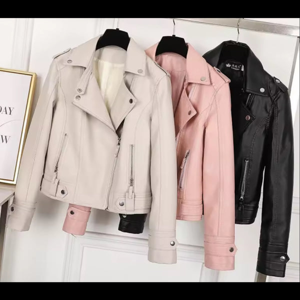 Women Color Zip Up Fashion Faux Leather Jacket