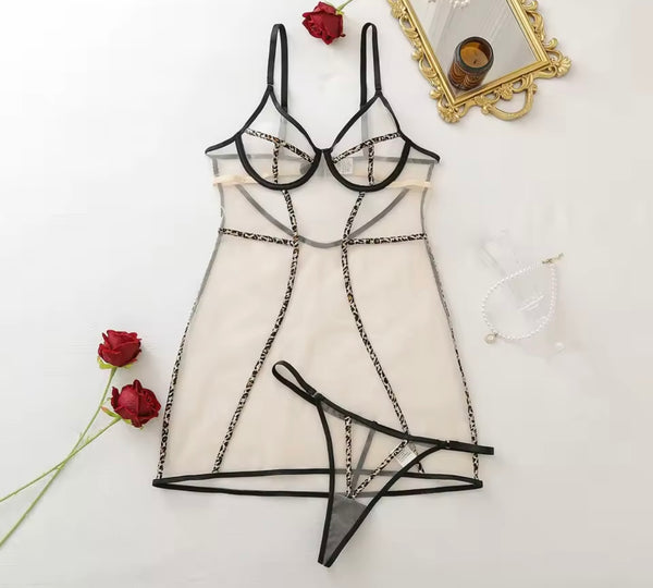 Women Sexy Sleeveless Leopard Print Mesh Nightgown Lingerie Set