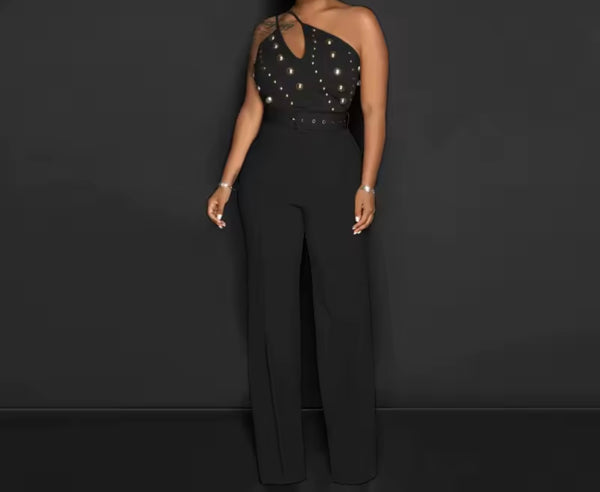 Women Sleeveless Gold Beaded Sexy Jumpsuit