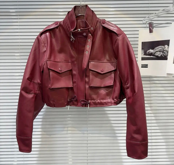 Women Color Fashion Faux Leather Jacket
