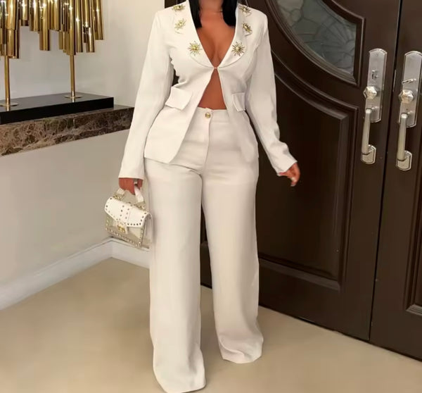 Women Embellished Full Sleeve Blazer Two Piece Pant Set