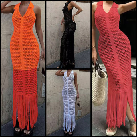 Women Sexy Halter Sleeveless Knitted Tassel Maxi Dress