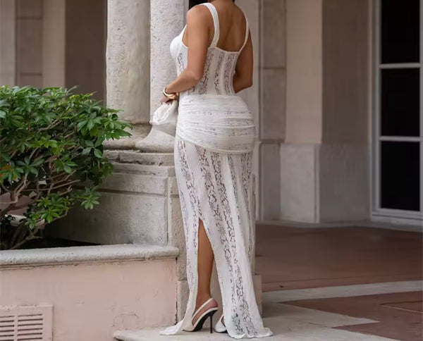 Women Sexy Sleeveless Floral Lace Maxi Dress