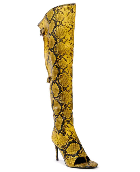 Women Fashion Open Toe Yellow Animal Print Knee High Boots