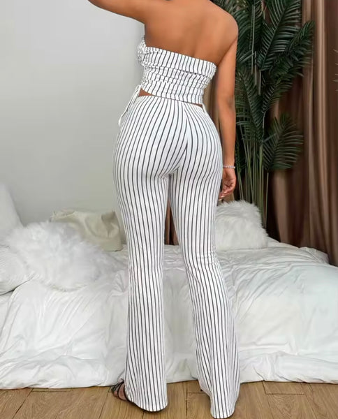 Women Strapless B&W Striped Tube Top Two Piece Pant Set