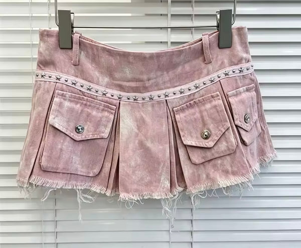 Women Sexy Fashion Rivet Pleated Denim Skirt