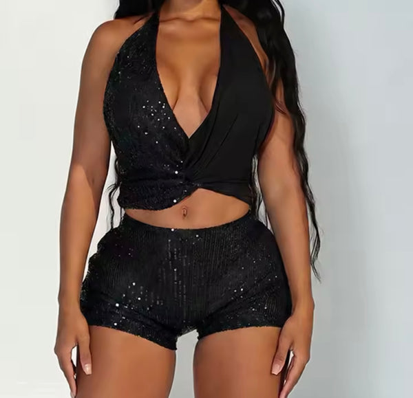 Women Sexy Sequins Halter Open Back Sleeveless Two Piece Short Set