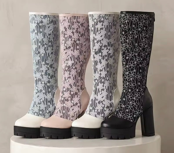 Women Fashion Color Floral Mesh Platform Knee High Boots