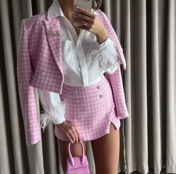 Women Sexy Pink Tweed Bling Button Blazer Two Piece Short Set