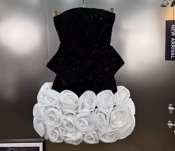Women Sexy Strapless Sequins B&W Floral Two Piece Skirt Set